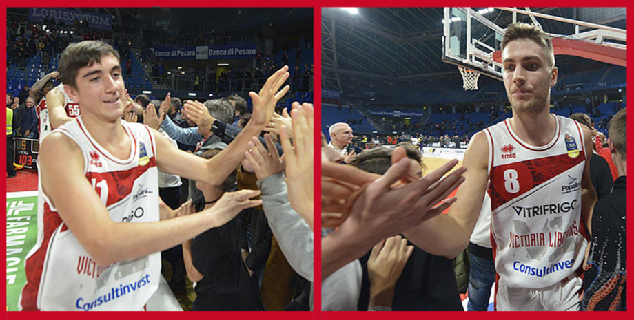 Pesaro, la serata speciale dei baby Giunta e Conti al primo canestro in serie A